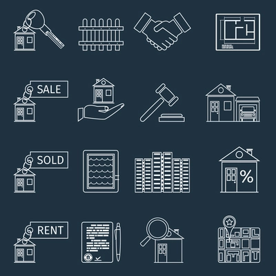 Real estate outline icons set of house apartment and commercial property isolated vector illustration