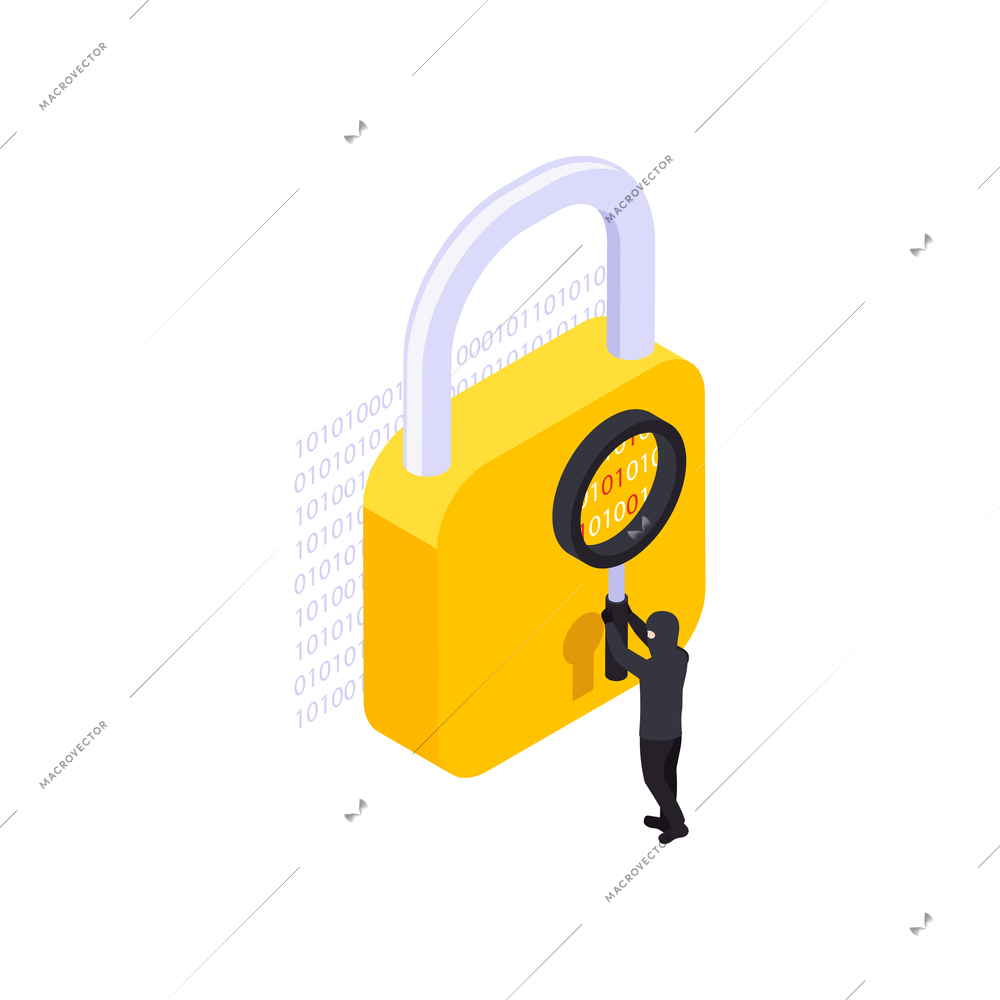 Isometric data protection icon with hacker trying to break lock 3d vector illustration