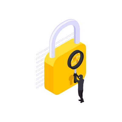 Isometric data protection icon with hacker trying to break lock 3d vector illustration