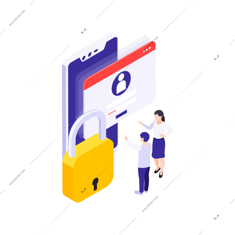 Isometric data protection concept with parent child login window lock 3d vector illustration