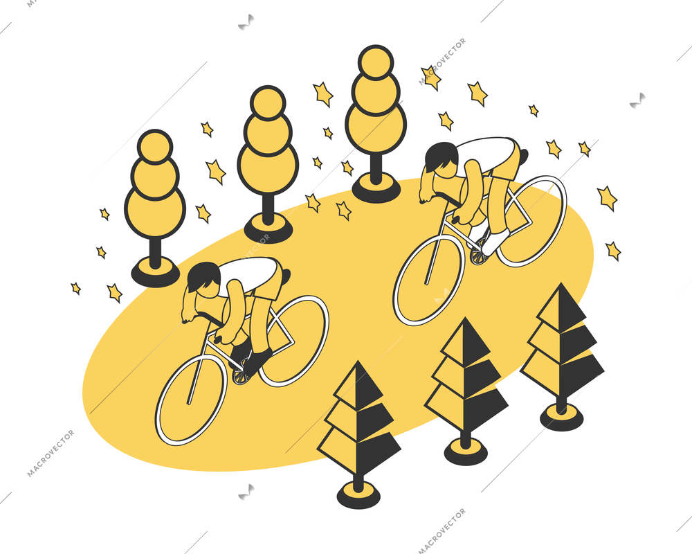 Summer sport composition with two characters riding bikes isometric vector illustration