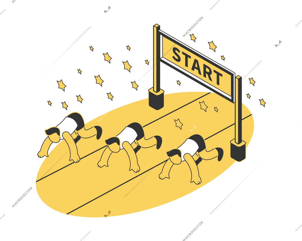 Running competition composition with three participants at start isometric vector illustration