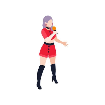 Isometric icon with female pop singer wearing red clothes and black boots 3d vector illustration