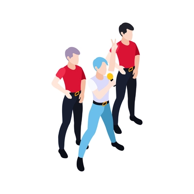 Isometric icon with three kpop band participants with microphone vector illustration
