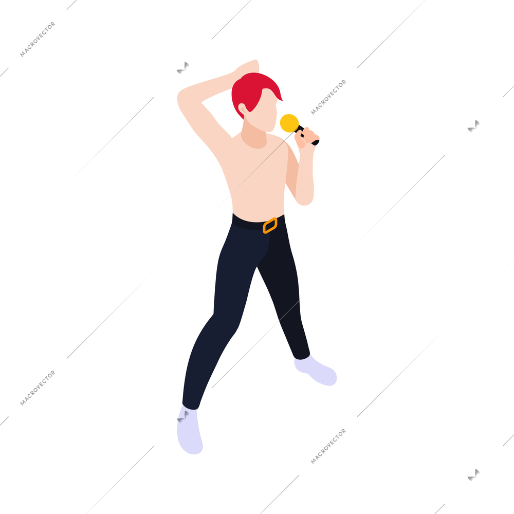 Isometric icon of pop singer character with bright hair and microphone 3d vector illustration