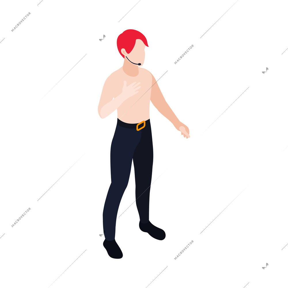 Isometric character of male singer with microphone 3d icon on white background vector illustration