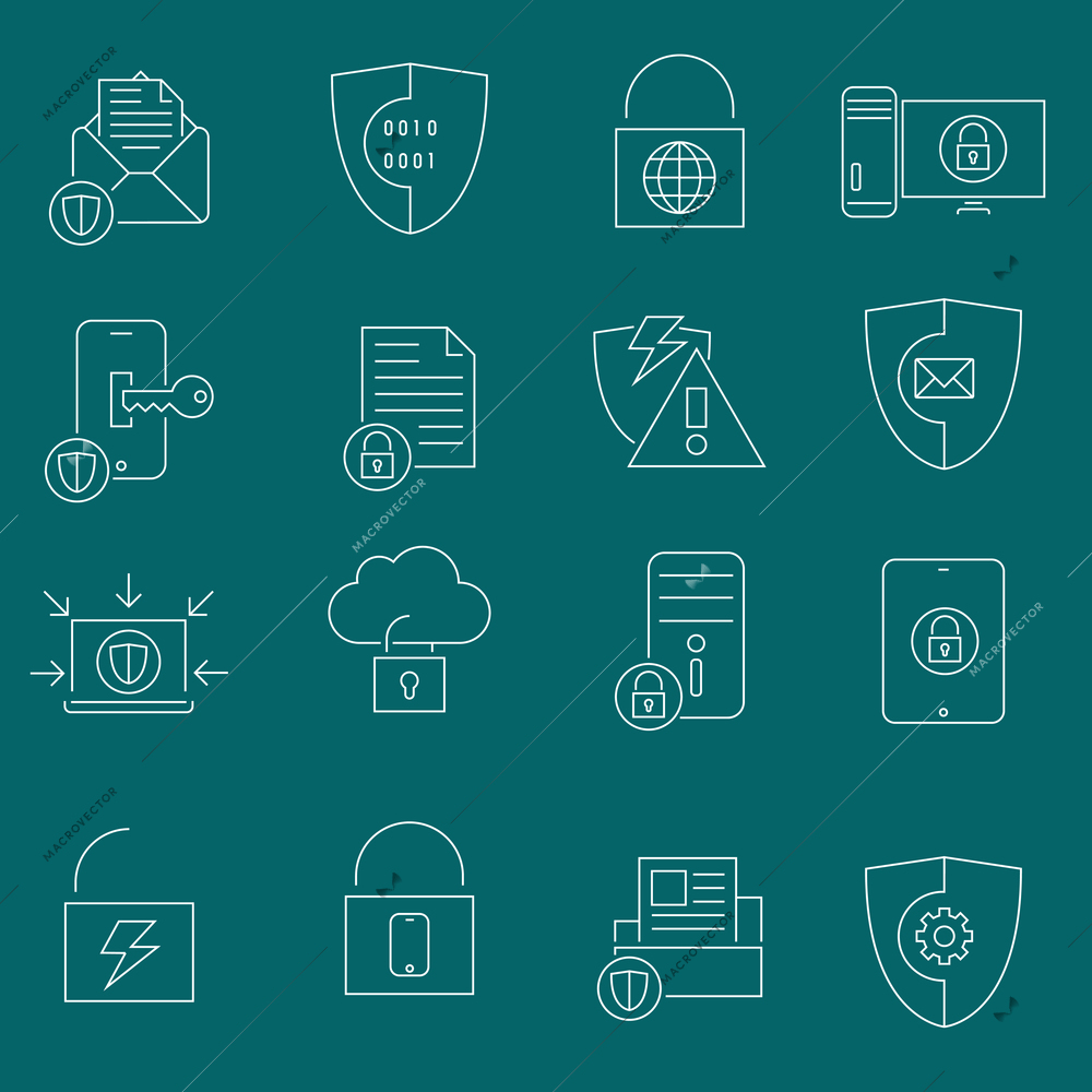 Business website protection technology and cloud connection security icons set outline vector illustration