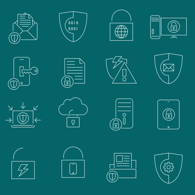 Business website protection technology and cloud connection security icons set outline vector illustration