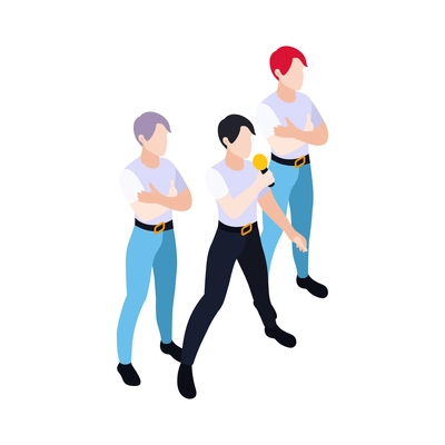 Singing and dancing kpop music band on stage 3d isometric vector illustration