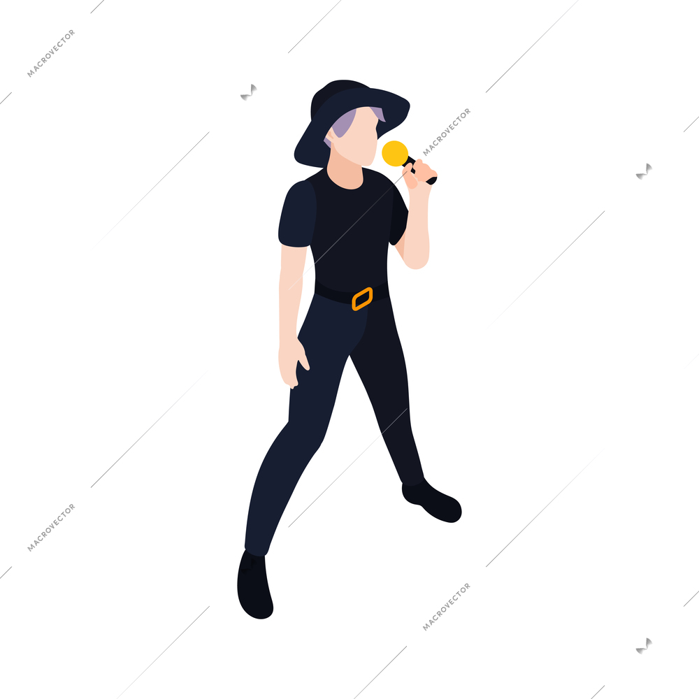 Isometric pop singer wearing black clothes and hat with microphone on white background 3d vector illustration