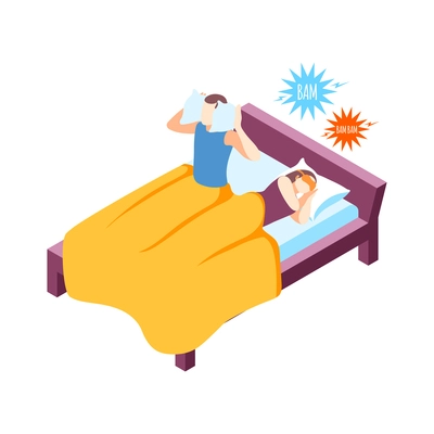 Isometric icon with characters who cannot sleep because of loud noise 3d vector illustration