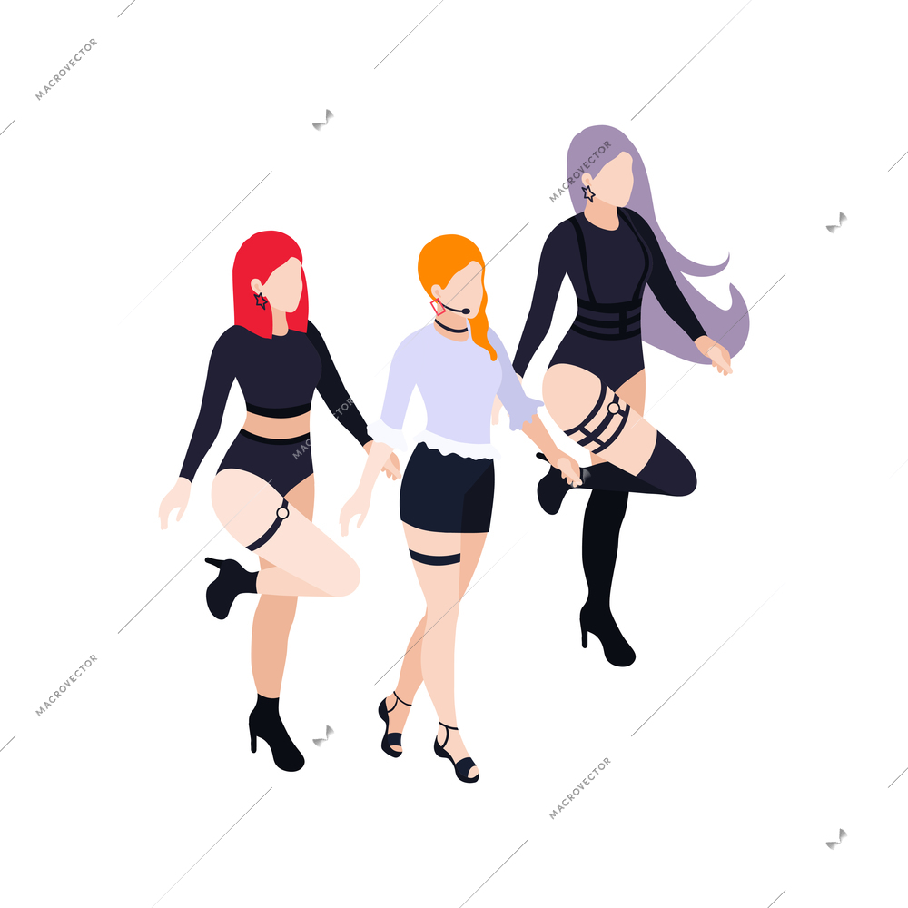 Pop music band isometric icon with three girls on stage vector illustration