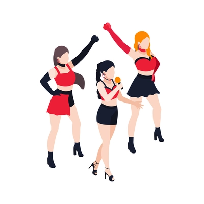 Pop band with three girls in short skirts singing and dancing isometric vector illustration