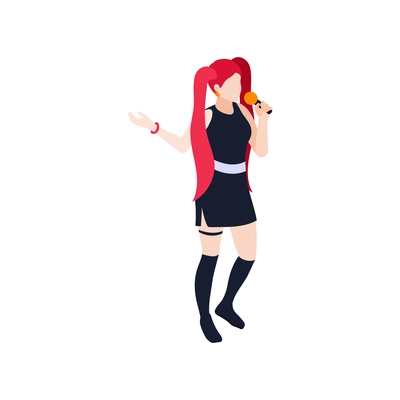 Kpop singer isometric icon of girl with long bright hair singing vector illustration