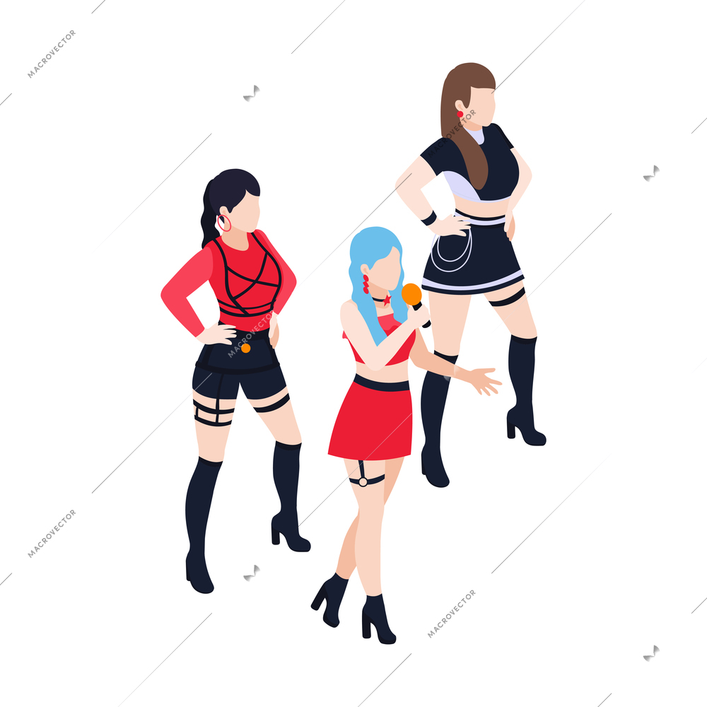 Isometric characters of trendy girl music band participants on white background 3d vector illustration