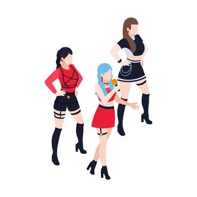 Isometric characters of trendy girl music band participants on white background 3d vector illustration