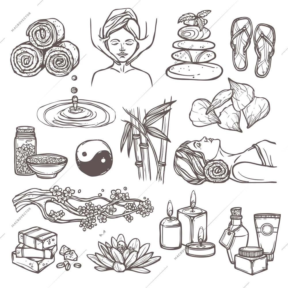 Spa therapy beauty health care alternative medicine sketch icons set isolated vector illustration