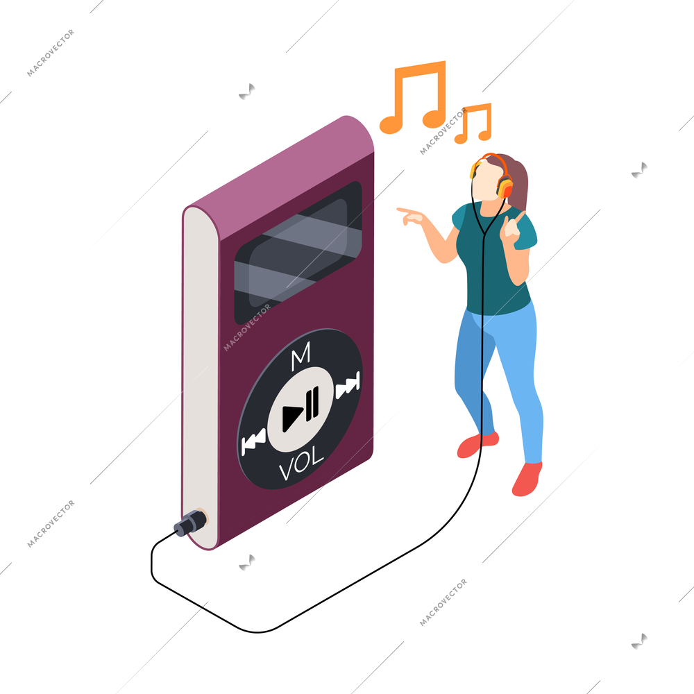 Woman with player listening loud music in headphones 3d isometric vector illustration