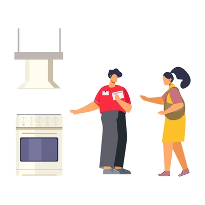 Seller showing cooker to woman at home appliance store flat vector illustration