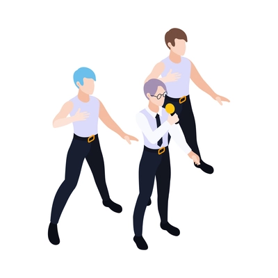 Pop music band isometric icon with singer and two dancing men 3d vector illustration