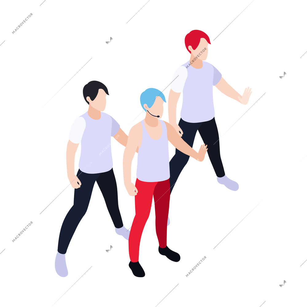 Isometric icon with dancing group of three young men with bright hair vector illustration