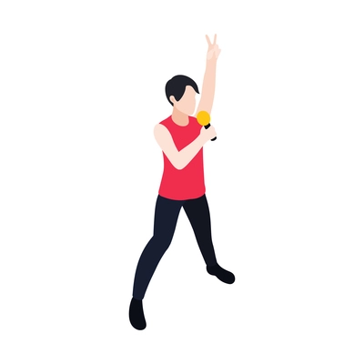 Isometric character of male pop music singer with microphone and hand up on white background vector illustration