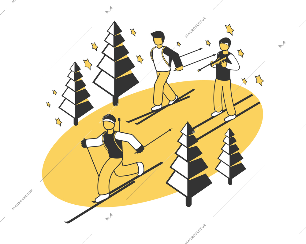 Winter sport competition isometric composition with three skiing people vector illustration