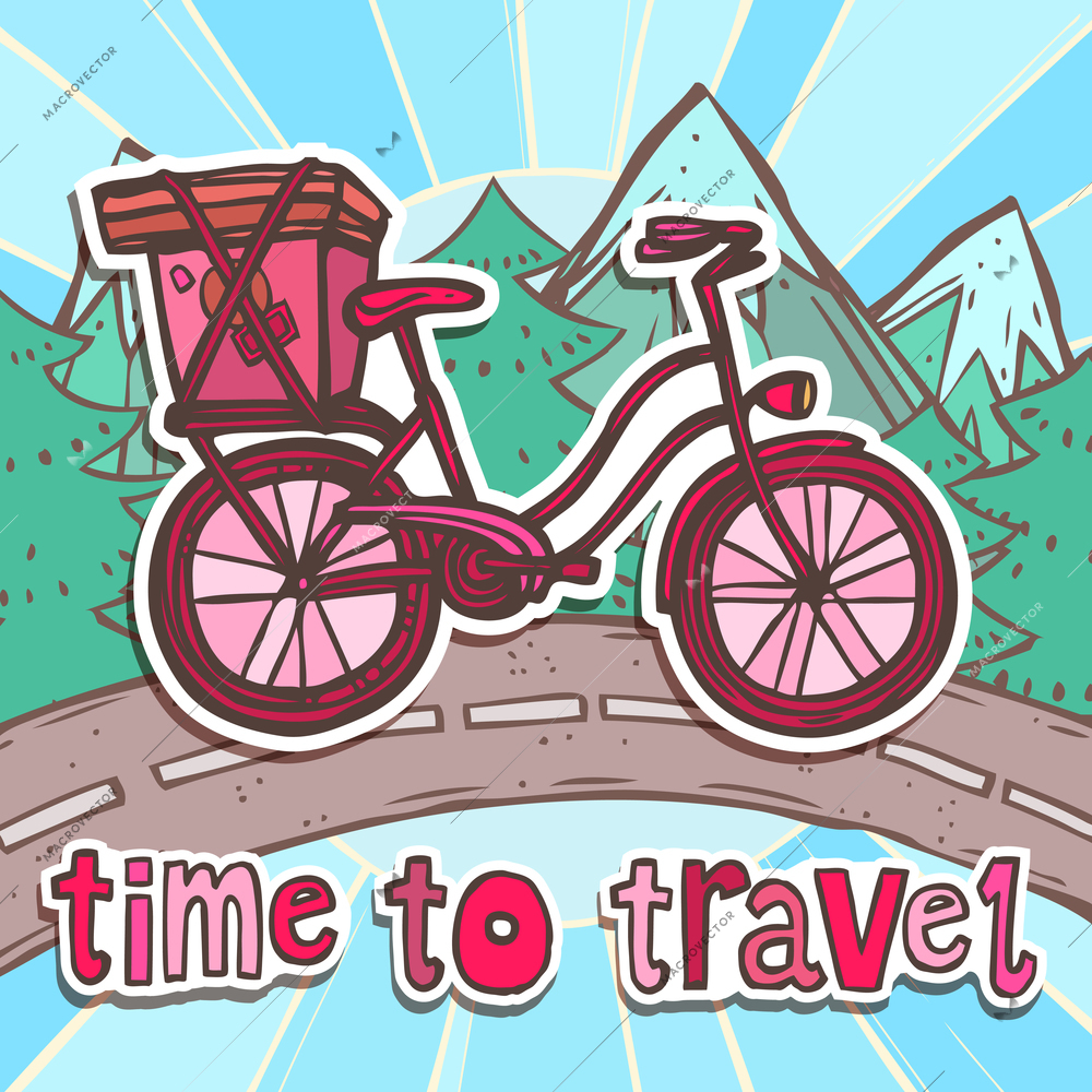 Travel poster with retro cartoon bicycle on mountain road vector illustration