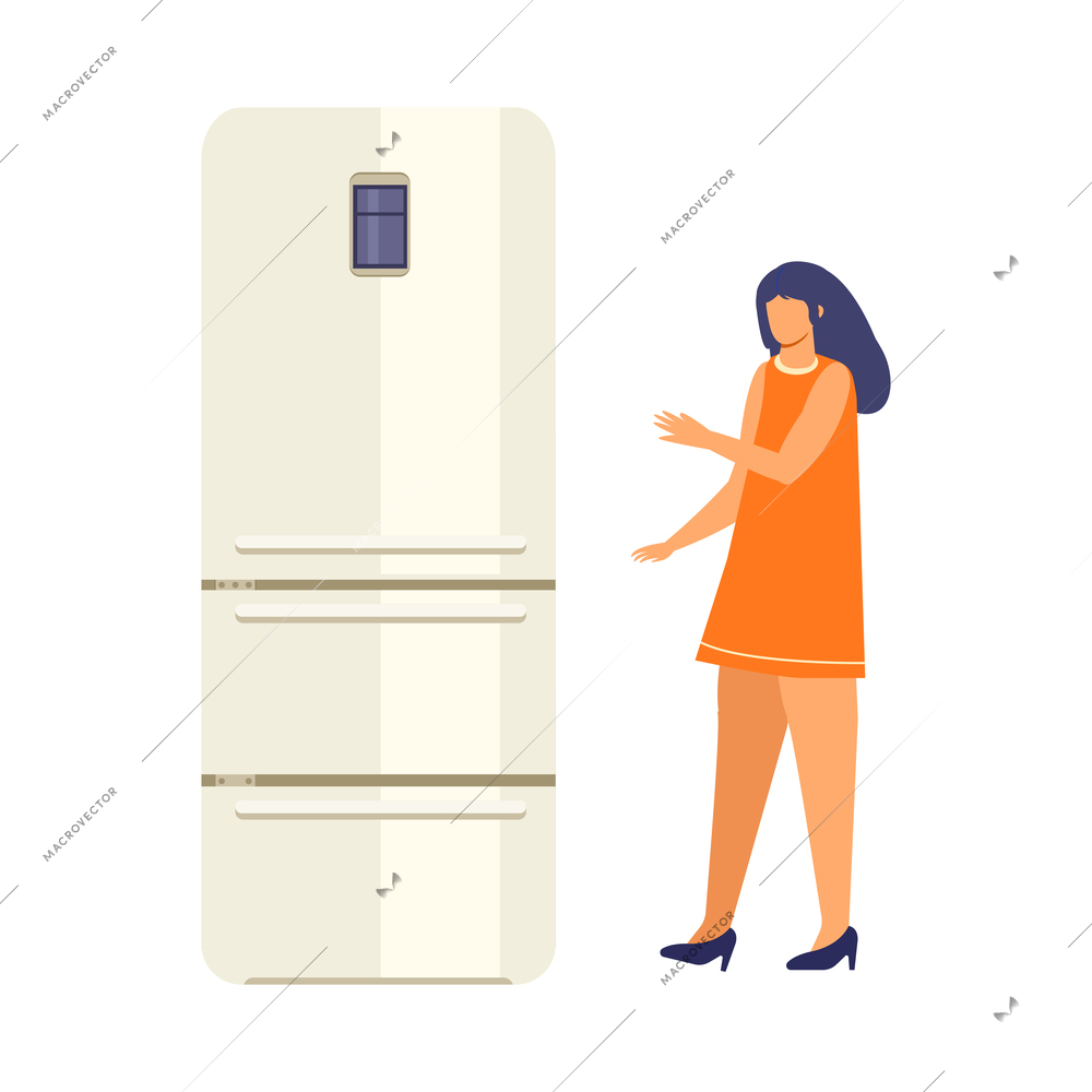 Woman buying refrigerator at home appliance store flat icon vector illustration