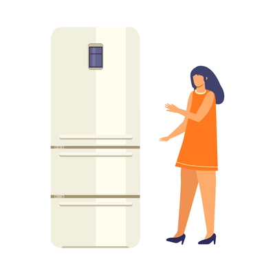 Woman buying refrigerator at home appliance store flat icon vector illustration