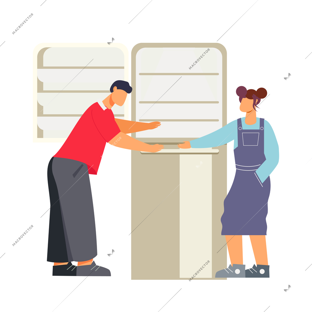 Flat characters looking at refrigerator in home appliance store vector illustration