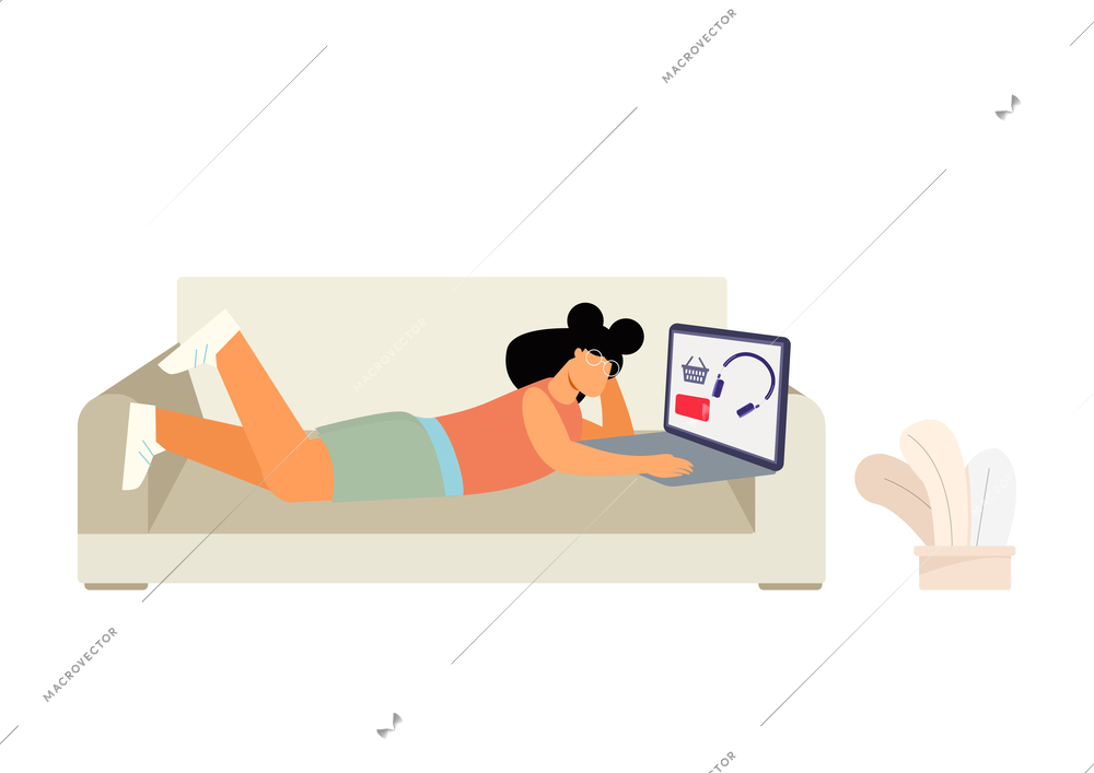 Woman ordering headphones at online electronics store flat icon vector illustration