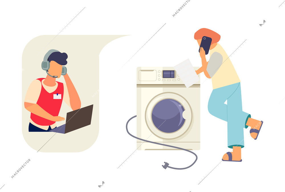 Woman with washing machine instruction calling technical support of appliance store flat vector illustration