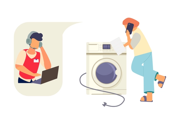 Woman with washing machine instruction calling technical support of appliance store flat vector illustration