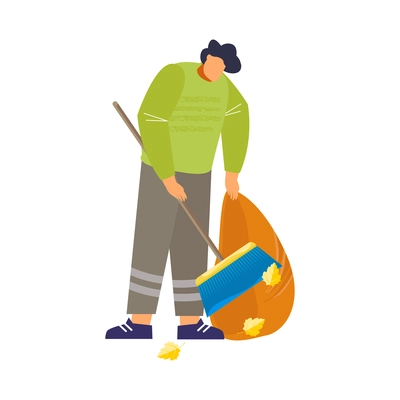 Cleaning streets flat icon with man collecting fallen leaves vector illustration