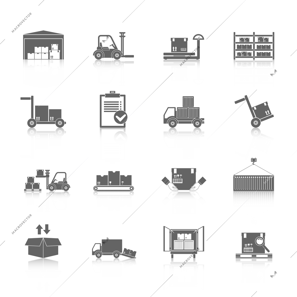 Warehouse distribution and logistics service icons black set isolated vector illustration