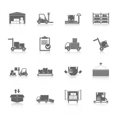 Warehouse distribution and logistics service icons black set isolated vector illustration