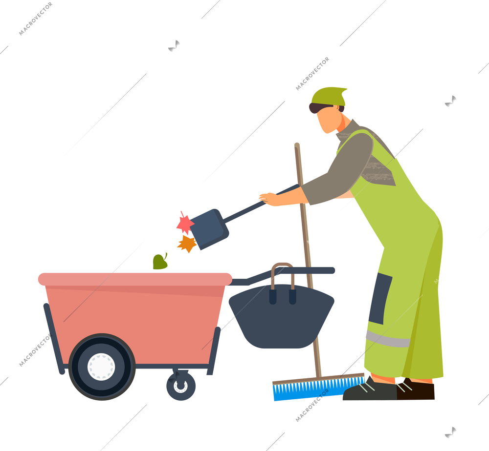 Male cleaner cleaning streets with equipment flat vector illustration