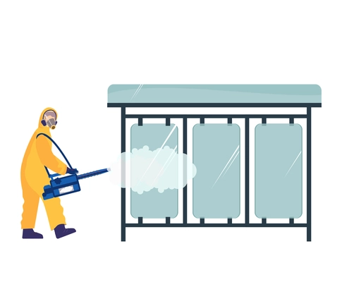 Worker cleaning city streets doing sanitization of bus stop flat vector illustration