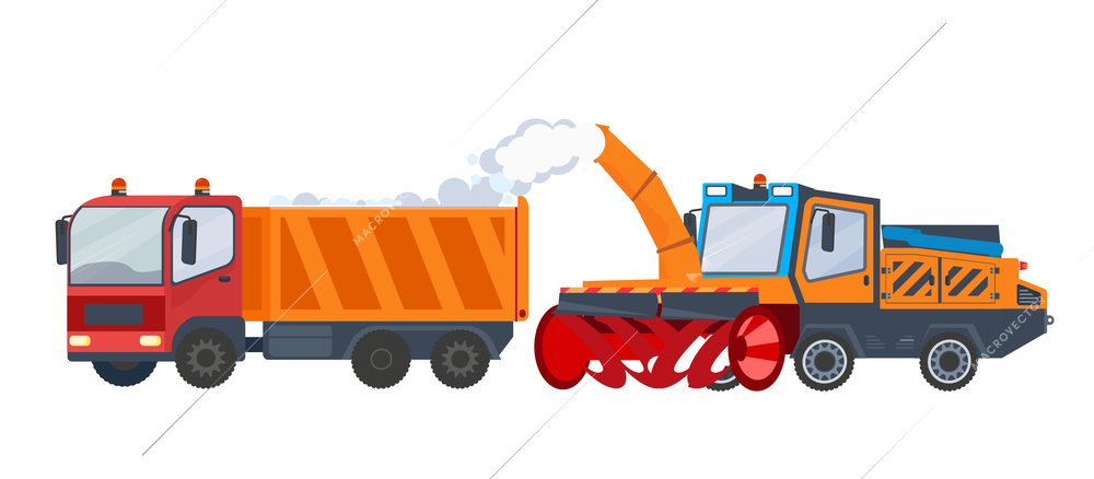 Two vehicles cleaning streets from snow flat vector illustration