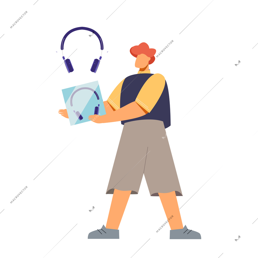 Flat character with box of new headphones vector illustration