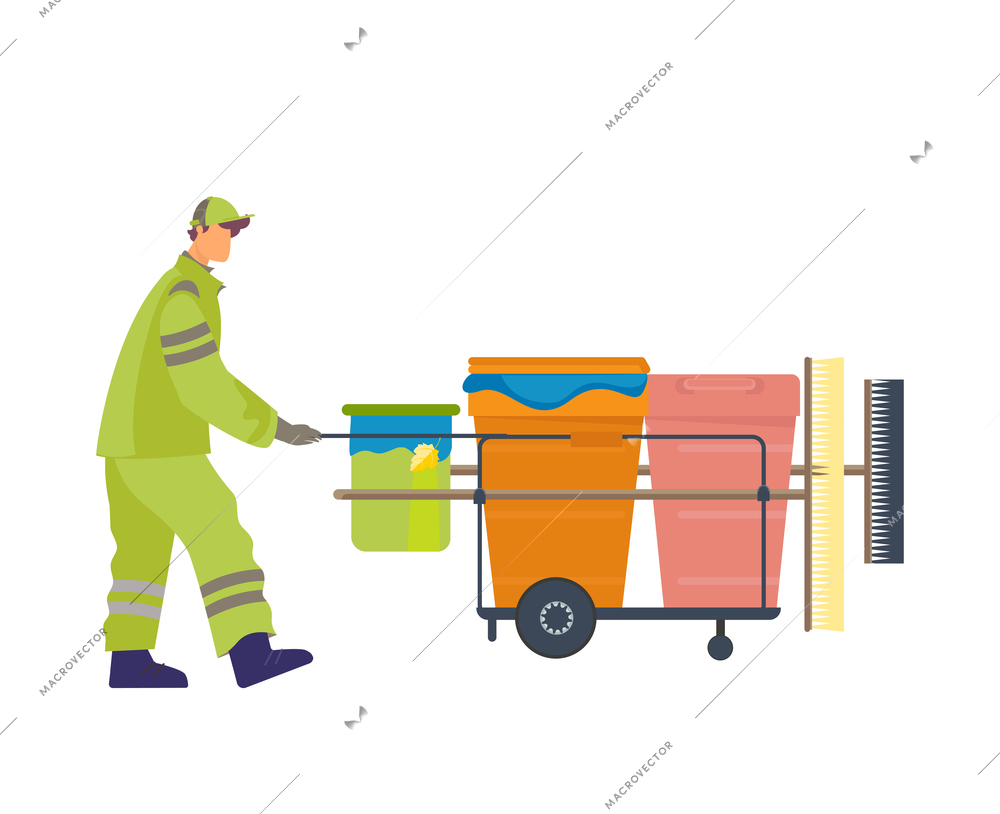 Caretaker in uniform with equipment for streets cleaning flat vector illustration