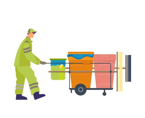 Caretaker in uniform with equipment for streets cleaning flat vector illustration