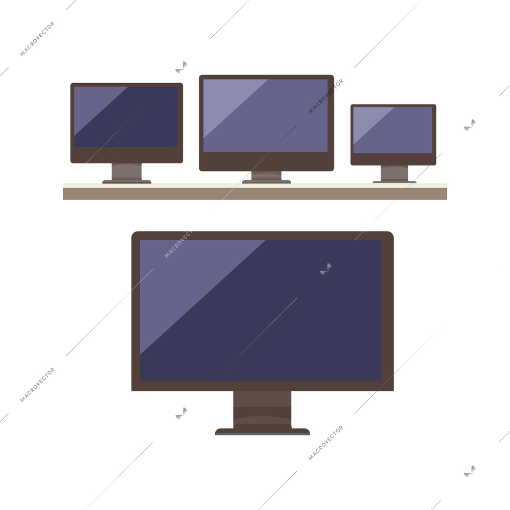 Flat electronics store showcase with computer monitors of different size vector illustration