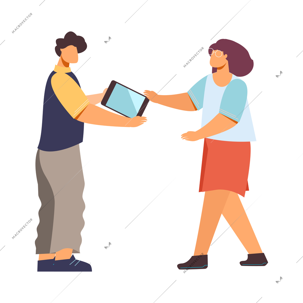 Flat icon with electronics store seller giving tablet to buyer vector illustration