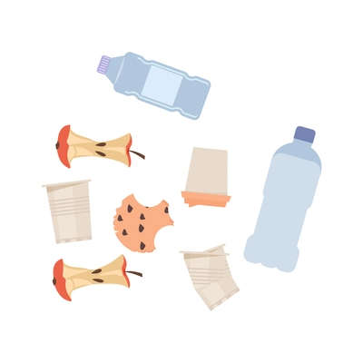 Trash flat icon with isolated bottles paper apples cores vector illustration