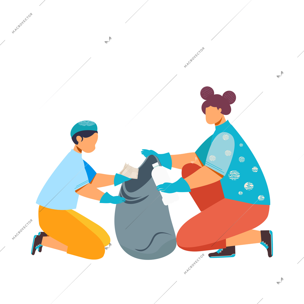 Two people with bag collecting rubbish in streets flat vector illustration