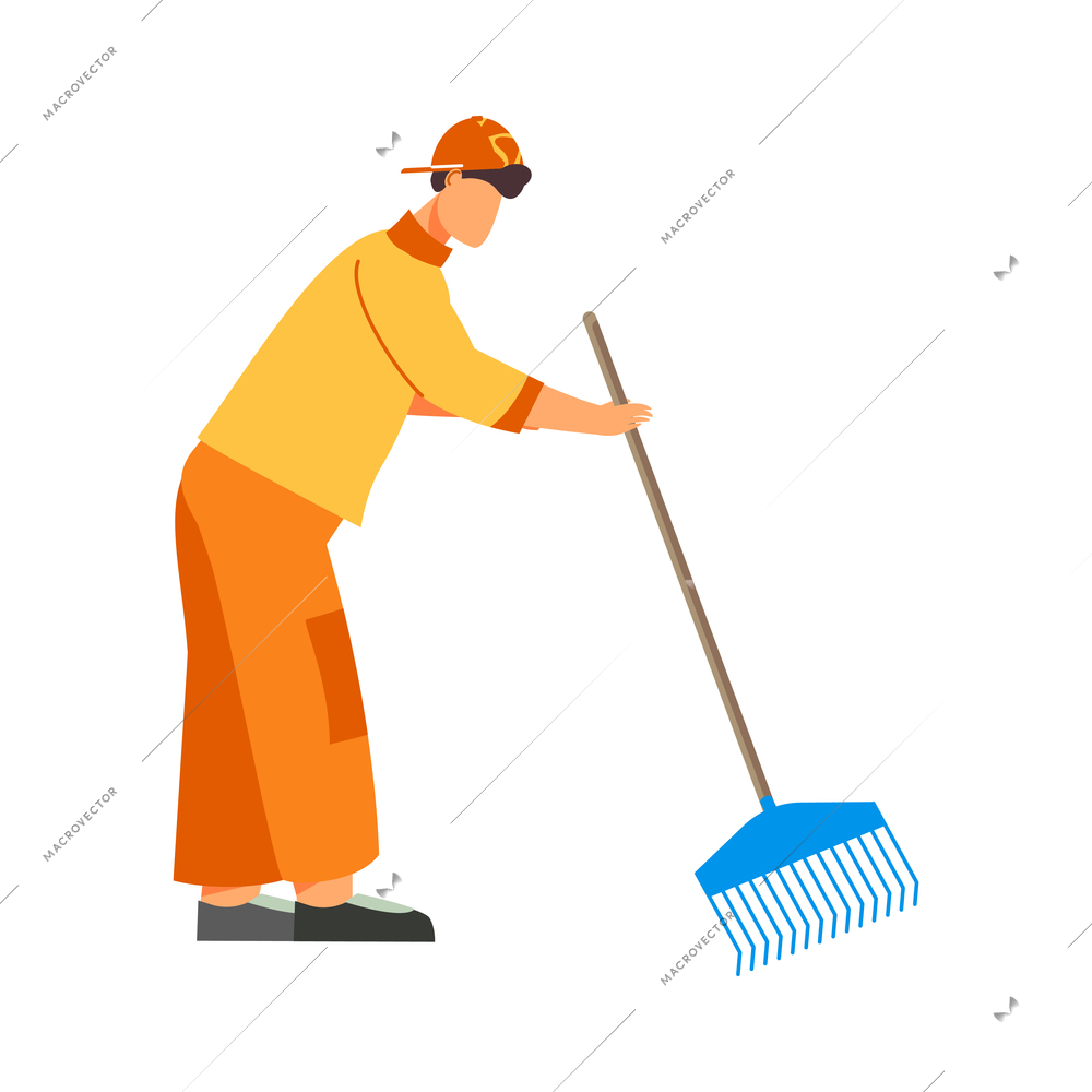 Flat design icon with man cleaning streets with rake vector illustration