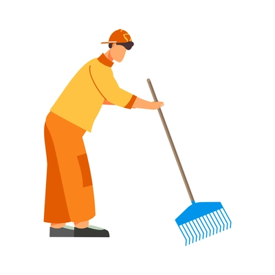 Flat design icon with man cleaning streets with rake vector illustration