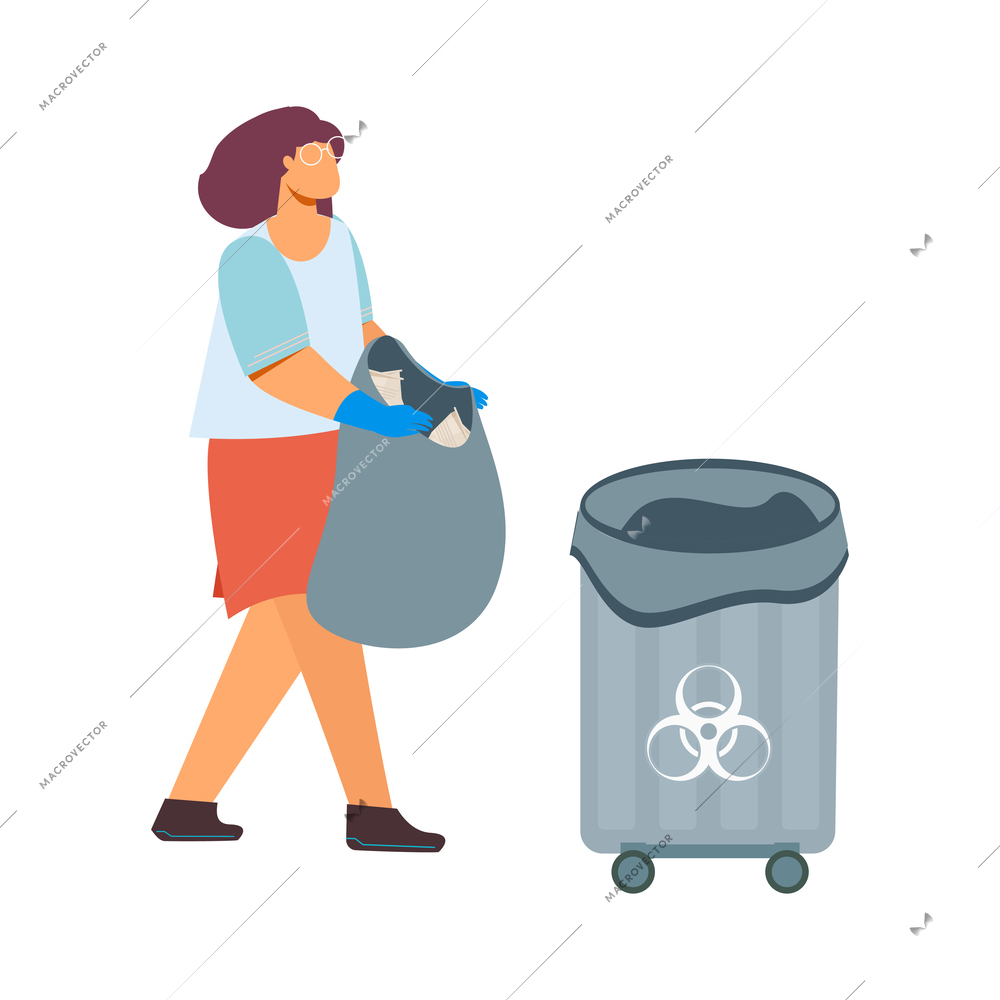 Streets cleaning icon with woman taking out rubbish flat vector illustration